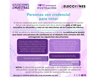 El 31 de diciembre vence el plazo para que personas en estado de postración tramiten su credencial para votar o actualicen su situación ante el INE