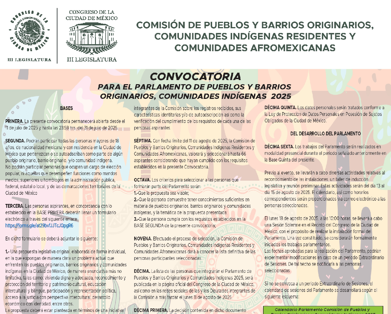 Convocatoria para el Parlamento de Pueblos y Barrios Originarios y Comunidades Indígenas Residentes y Comunidades Afromexicanas.