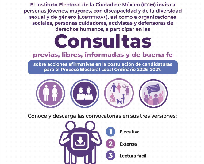 Publica IECM convocatoria para la Consulta a personas ciudadanas, originarias y habitantes de la Ciudad de México, específicamente jóvenes, mayores, con discapacidad y de la diversidad sexual y de género
