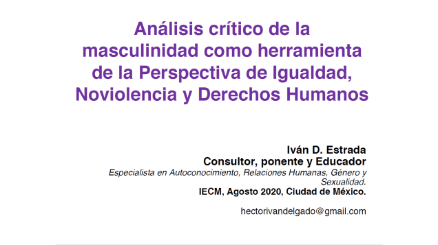 •	Taller. Análisis crítico de la masculinidad como herramienta de la perspectiva de la igualdad, no violencia y derechos humanos, Iván Delgado Estrada, agosto 2020