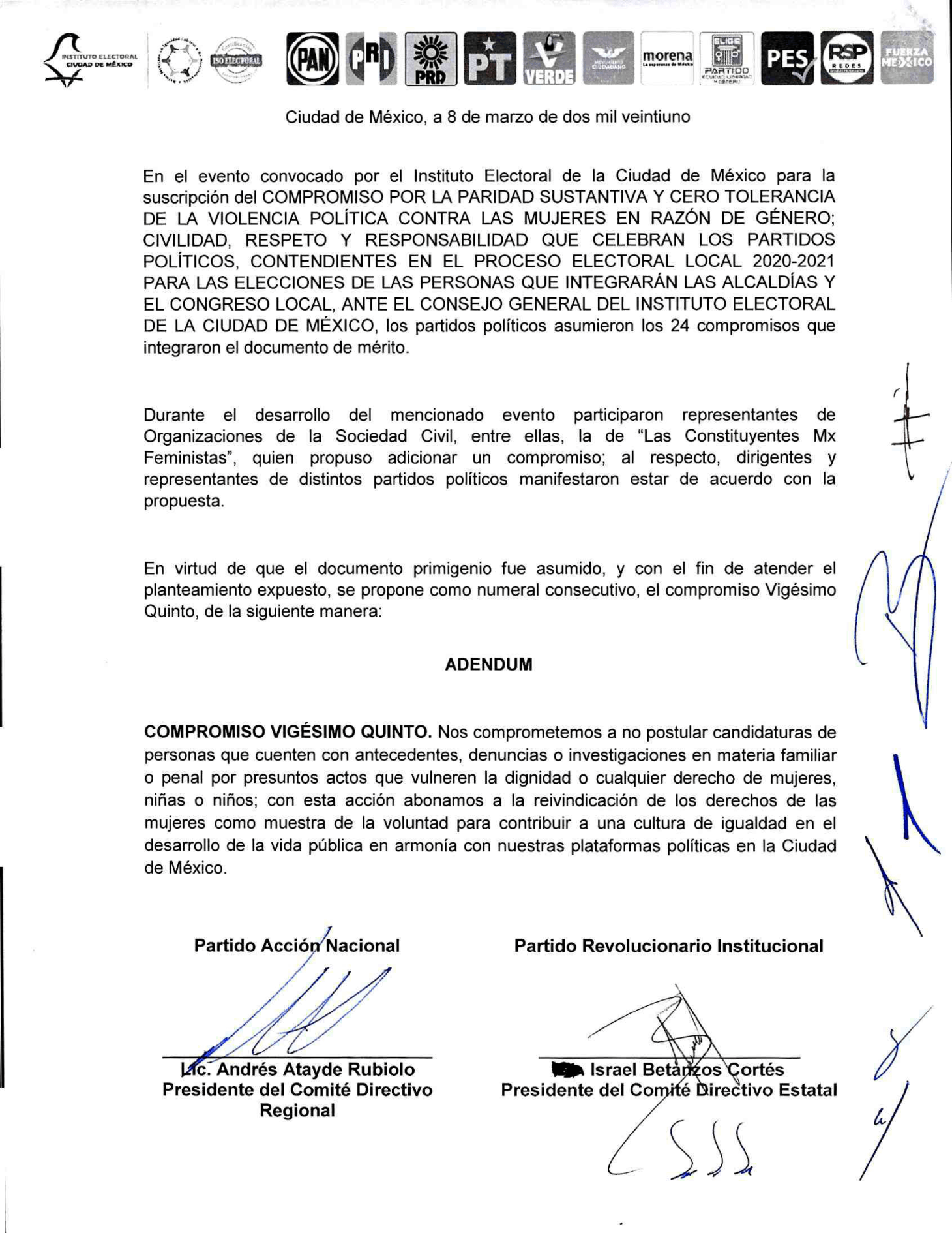 Adendum del Compromiso por la paridad sustantiva y cero tolerancia de la violencia política contra las mujeres en razón de género; civilidad, respeto y responsabilidad, que suscriben los partidos políticos contendientes en el Proceso Electoral Local 2020-2021 en la Ciudad de México, 2021.