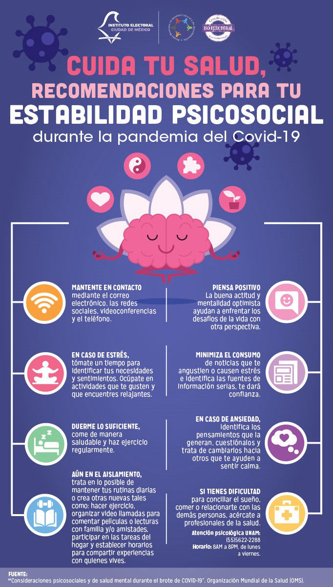 Infografía. Cuida tu salud. Recomendaciones para tu estabilidad psicosocial durante la pandemia del COVID-19, 2020