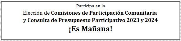 Cuadro de texto: Participa en la  Elección de Comisiones de Participación Comunitaria   y Consulta de Presupuesto Participativo 2023 y 2024  ¡Es Mañana!  