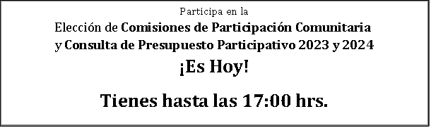 Cuadro de texto: Participa en la  Elección de Comisiones de Participación Comunitaria   y Consulta de Presupuesto Participativo 2023 y 2024  ¡Es Hoy!  Tienes hasta las 17:00 hrs.  